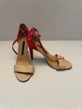 French Connection Two-Tone Beige and Red Ankle-Strap Heels